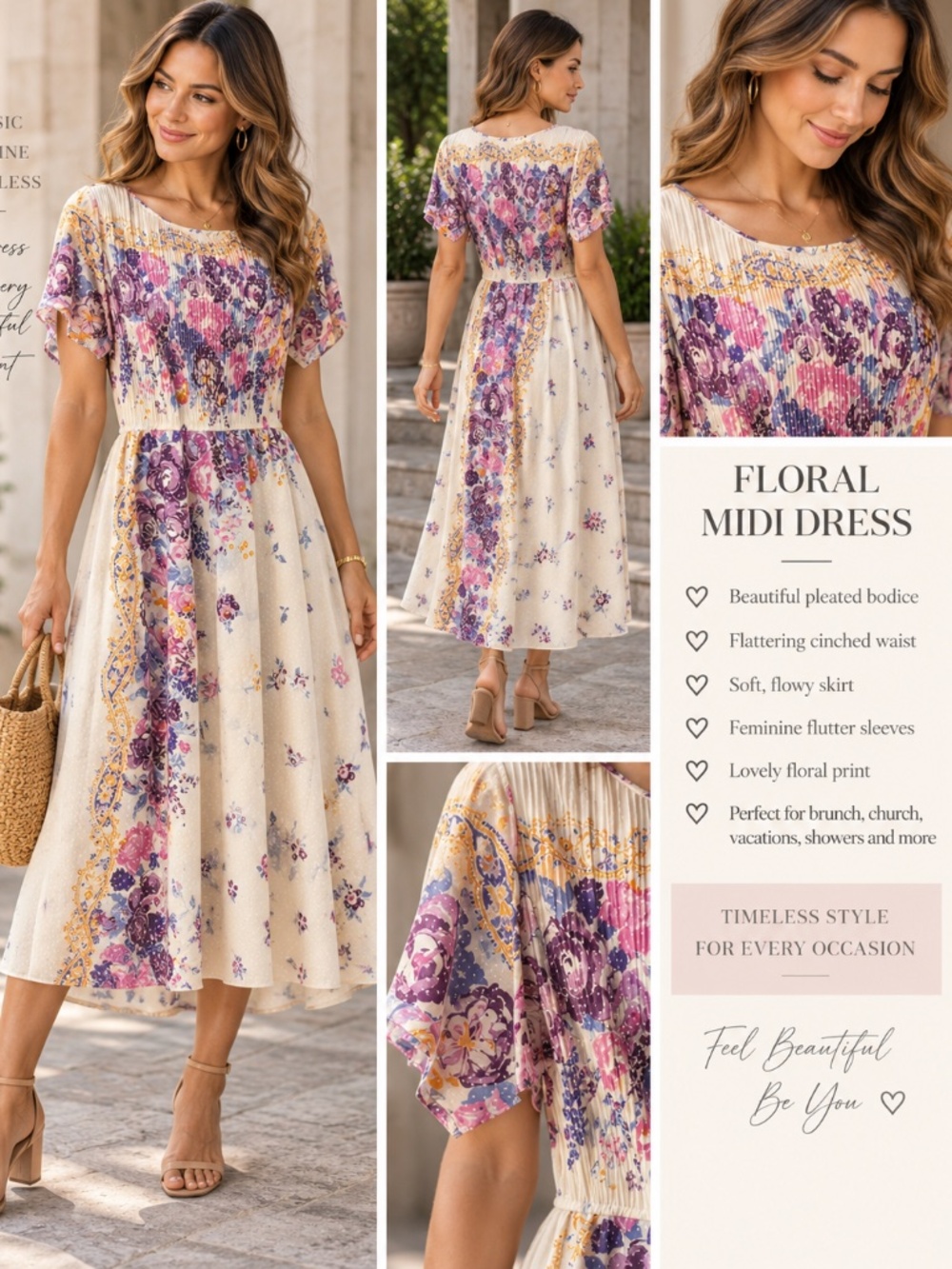 G & G Floral Pleated Midi Dress Flutter Sleeve Ivory Purple M